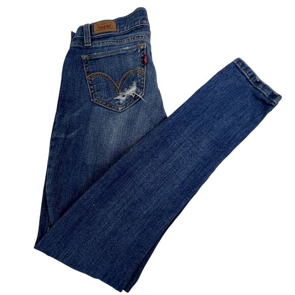 Levi's Too Superlow 524 Distressed Denim Blue Skinny Jeans Size 1 Medium - Picture 1 of 15